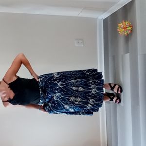 Beautiful Belted Boho Inspired Maxi Skirt in Shades of Blues, Cream & Black